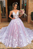 Ball Gown Spaghetti Straps V Neck Tulle Prom Dresses with Applique, Pink Wedding Dresses STI15069