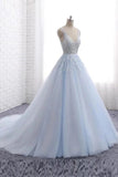 Princess Long Ball Gown Lace Tulle Prom Dresses V Neck PBLJLETN