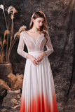 Open Back Long Sleeve Lace Ombre Wedding Dress