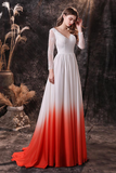 A-Line V-Neck Long Sleeve Ombre Red Lace Wedding Dress