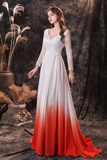 A-Line V-Neck Long Sleeve Ombre Red Lace Wedding Dress