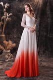 A-Line V-Neck Long Sleeve Ombre Red Lace Wedding Dress