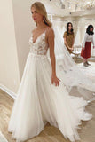 Elegant A line Spaghetti Straps V Neck Tulle Wedding Dresses, Wedding STI15639