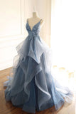 Spaghetti Straps Blue Gray Tulle V Neck Long Ruffles Prom Dresses with Lace Applique STI15411