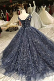 2024 Prom Dress Ball Gown Bateau Cap Sleeves Dark Navy Lace P1B27EEP