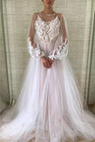 Jewel See Through Long Sleeve Ivory Lace Appliques Prom Dresses, Wedding Dresses STI15520