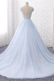 Princess Long Ball Gown Lace Tulle Prom Dresses V Neck PBLJLETN