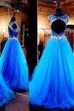 2024 Open Back Scoop Prom Dresses Tulle With Beading Sweep Train P4DEFQC9