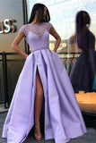 Lilac Long Prom Dresses With Slit Beaded See Through Cap Sleeve PCDEFZM8