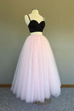 A Line Two Pieces Spaghetti Straps Black And Pink Prom Dresses, Formal STI20386