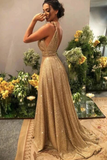 Gold V Neck Sequins Formal Dresses A Line Sleeveless Sparkly Sweep Train Prom STIPST6TC5H