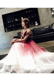 A Line Spaghetti Straps Ombre Long Tulle Prom Dresses, Burgundy V Neck Evening Dress STI15029