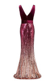 Sexy Sequins Mermaid V Neck Burgundy Velvet Long Prom Dresses Backless Evening Dress STI15352