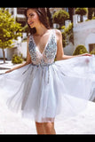 A Line V Neck Short Homecoming Dresses Tulle PYRC3EM2