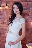 Lace Romantic White Chiffon A-Line Floor-Length Bateau Short Sleeve Wedding Dress