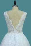 2024 A Line Lace V Neck Wedding Dresses With Applique Open Back P81HSPMH