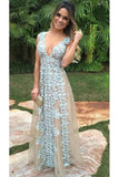 2024 V Neck Prom Dresses A Line Tulle With Applique PXTDH8ZK