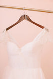 A-Line Short Sleeve Long Ivory Tulle Sweetheart Beaded Cute Backless Wedding Dresses