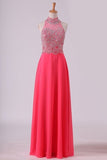 2024 High Neck Prom Dresses A Line Chiffon With Beading Sweep PX3R8DYR