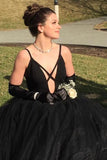 Charming A Line Black Spaghetti Straps Tulle V Neck Prom Dresses, Long Evening Dresses STI15501