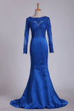 2024 Royal Blue Prom Dresses Long Sleeves Mermaid/Trumpet Satin With PCZZZM98