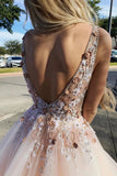 V Neck Sleeveless Tulle Prom Dress With Flowers PNGZKGHB