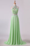 2024 Two Pieces Prom Dresses Halter A Line Chiffon Sweep Train PCBKFD95