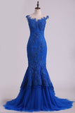 2024 Mermaid Evening Dresses Bateau Sweep Train With Applique PS8ZJ8YK