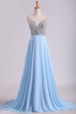 2024 Prom Dresses V Neck Beaded Bodice Sweep Train Chiffon PM4ZAA1R