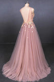 Elegant Pink V Neck Sleeveless Tulle Prom Dress with Appliques, A Line Tulle Evening Dresses STI15191