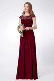 Elegant A Line Cap Sleeve Burgundy Lace Prom Dresses with Chiffon, Bridesmaid Dresses STI15145