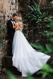 Elegant A Line Illusion Beads V Neck Tulle Long Backless Wedding Dresses Prom STIP8CG9KC9