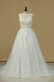 2024 Wedding Dresses A Line V Neck Open Back Organza With Applique P45Y3G6Z