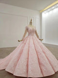 Elegant Ball Gown Pink Long Sleeves Appliques Prom Dresses, Quinceanera STI20481