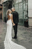 Charming Sheath Lace Bridal Gown with Slit Open Back Ivory Boho Wedding Dresses STI15124