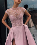 Charming High Neck Beading Satin Pink Cap Sleeves Prom Dresses with Split, Dance Dresses STI15100