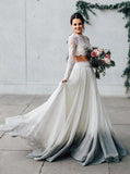 Elegant Two Pieces Chiffon Long Sleeves Wedding Dress with Lace Appliques STI15209