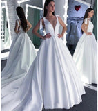 A Line Round Neck White Prom Dresses Bowknot Satin Wedding Dresses STI15022