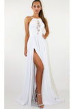 White Backless Long Prom Dress Split Spaghetti Strap Party P3DT8JG8