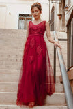 Elegant V Neck Burgundy Beads Appliques Lace Evening Dresses, Long Prom Dresses STI15211