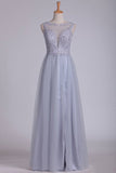 2024 Prom Dresses Bateau Open Back A Line Tulle With Applique Floor P21MNP8Q