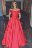 2024 A Line Red Scoop Neck Short Sleeves Satin Prom Dresses PYFYLHAF