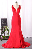 2024 Mermaid Evening Dresses V Neck Open Back Satin PAH6CNM8