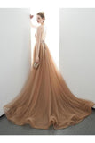 A-Line Spaghetti Straps Tulle Long Appliques Prom Dresses Formal P3ZAJKTR