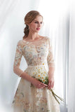 Charming A Line Floral Scoop Prom Dresses 3/4 Sleeves Empire Waist Long Evening Gowns STI15088