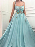 Elegant A Line Spaghetti Straps Tulle Scoop Prom Dresses with Appliques, Formal Dresses STI15512