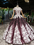 Ball Gown Off the Shoulder V Neck Satin Prom Dresses with Hand Made Flowers, Quinceanera Dress STI15064