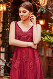 Elegant V Neck Burgundy Beads Appliques Lace Evening Dresses, Long Prom Dresses STI15211