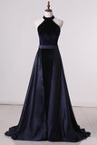 2024 High Neck Mermaid Velvet Evening Dresses With Slit PQBLAXSZ