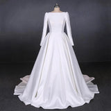 Ball Gown Long Sleeve White Satin Wedding Dresses, Long Simple Wedding Gowns STI15060